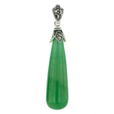 Marcasite Pendant Oblongated Green.Aventurine Drop with Marcasite Rhom