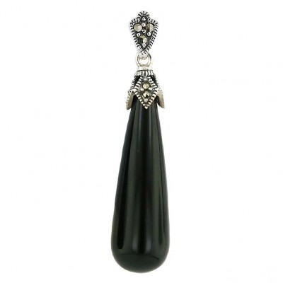 Marcasite Pendant Oblongated Onyx Drop with Marcasite Rhombus Top