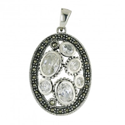 Marcasite Pendant 29X21.5mm Open Oval with Clear Cubic Zirconia Oval+Round Bez