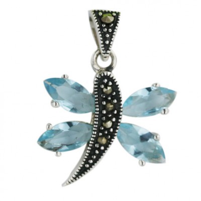 Marcasite Pendant Light Bl Glass Butterfly with Oxidized Rope Ctr