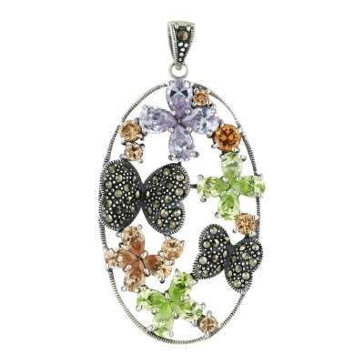 Marcasite Pendant 48X29mm Oval 4 Petal Champagne/Lg/Lv Cubic Zirconia Flower+Butt