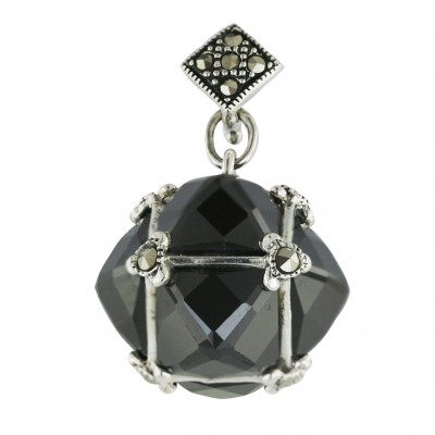 Marcasite Pendant Black Cubic Zirconia Rhombus Dimensional Chess Cut with Oxi