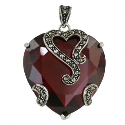 Marcasite Pendant 31X31mm Garnet Cubic Zirconia Heart with Open Oxidized Rope H