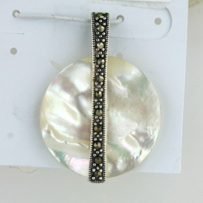 Marcasite Pendant 25X25mm White Mother of Pearl Round with Marcasite Oxidized Rope