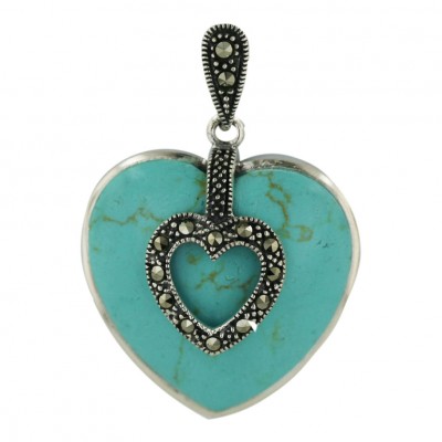 Marcasite Pendant 26mm Faux Turquoise Heart with Marcasite Oxidized Rope Open