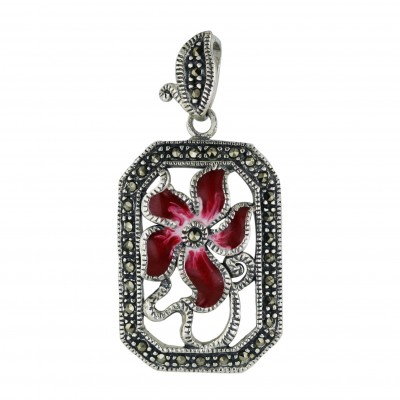 Marcasite Pendant 30X21mm Open Octagon with Garnet Red+Wh Enamel Flower