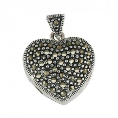 Marcasite Pendant 18mm Pave Marcasite Heart with Oxidized Rope