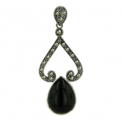 Marcasite Pendant 18X14mm Onyx Tear Drop with Pave Marcasite Swirl