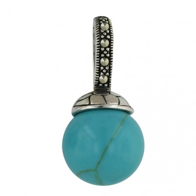 Marcasite Pendant 14mm Faux Turquoise with Oxidized+Pave Marcasite Top