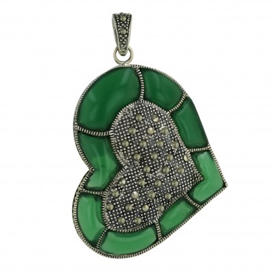 Marcasite Pendant 48X36mm Green Jade Sided Heart with Pave Marcasite H