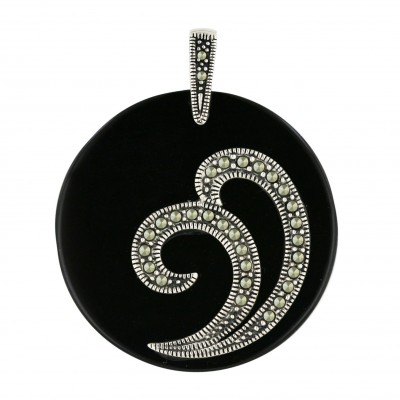Marcasite Pendant 38X38mm Onyx Round with Pave Marcasite Double Swirl