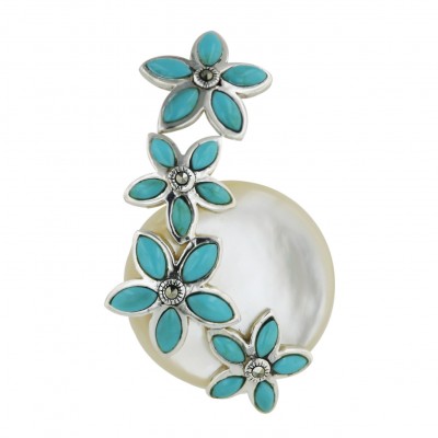Marcasite Pendant 25mm White Mother of Pearl Round Cabochon with 4 Reconstr