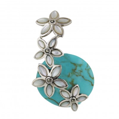 Marcasite Pendant 25mm Reconstructed Turquoise Round Cabochon with 4 with