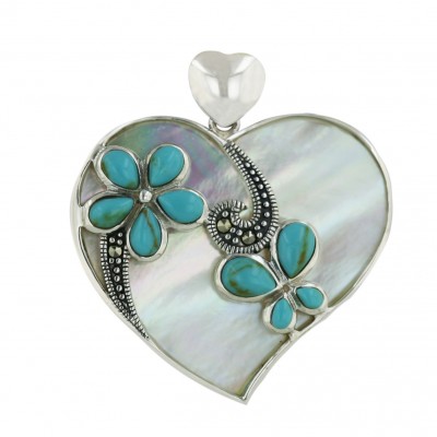 Marcasite Pendant 34X31mm White Mother of Pearl Heart with Reconstructed Turquoise