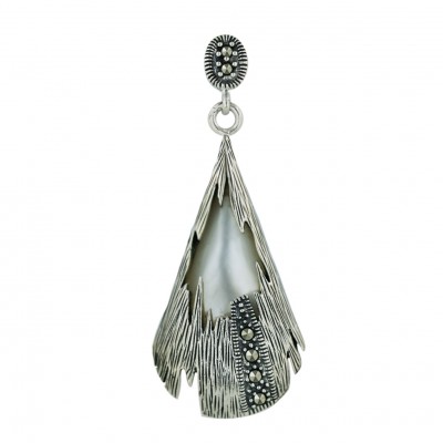 Marcasite Pendant 34X18mm White Mother of Pearl Tear Drop with Line Texture Ox