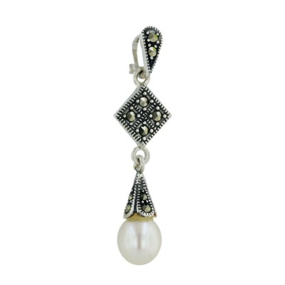 Marcasite Pendant Marcasite Square Top+White Fresh Water Pearl Drop
