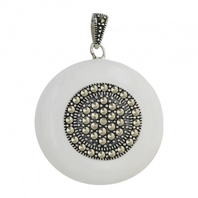 Marcasite Pendant 33X33mm Wh Enamel Round with Pave Marcasite Ctr