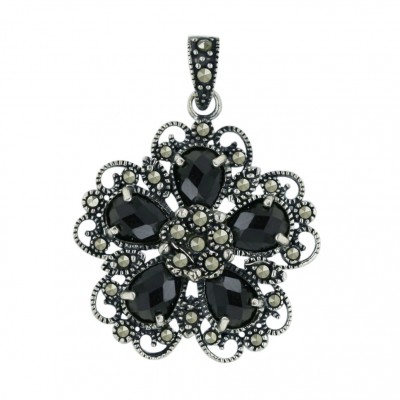 Marcasite Pendant 25X25mm 5 Black Cubic Zirconia Chess Cut Flower Petals