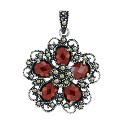 Marcasite Pendant 25X25mm 5 Garnet Cubic Zirconia Chess Cut Flower Petals
