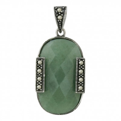 Marcasite Pendant 30X20mm Green Jade Oval Chess Cut with Pave M