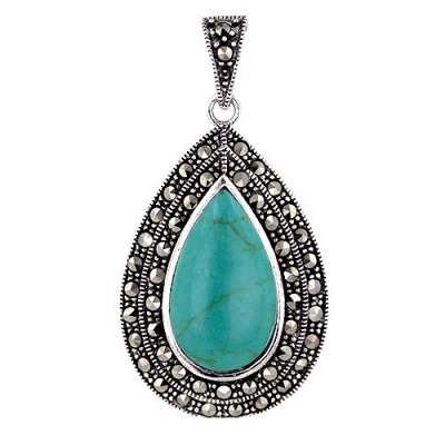 Marcasite Pendant 32X22mm Reconstructed Turquoise Tear Drop Bezel Set