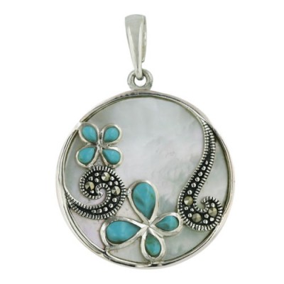 Marcasite Pendant Width 24mm White Mother of Pearl Round with Reconstructed
