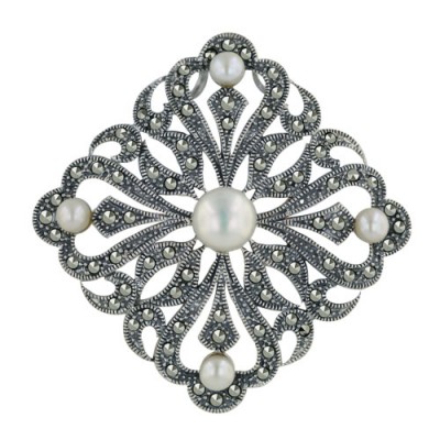 Marcasite Pin/Pendant 48X48mm 5 White Freshwater Pearl with Ope