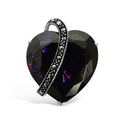 Marcasite Pendant Amethyst Cubic Zirconia Heart with Bypass Pave Marcasite Line
