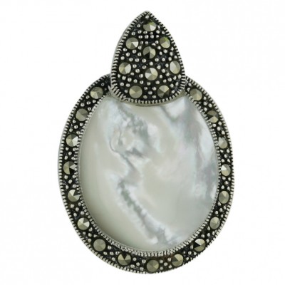 Marcasite Pendant White Mother of Pearl Open Round with Pave Marcasite Trillion To