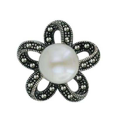 Marcasite Pendant Flower with Fresh Water Pearl 10mm Center