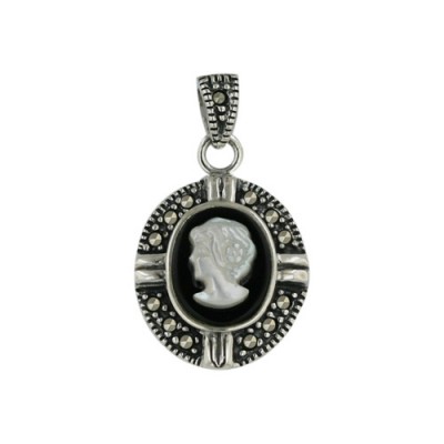 Marcasite Pendant Cameo of Woman with Mother of Pearl/Onyx