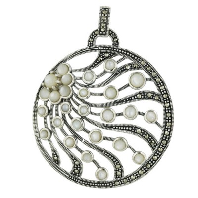Marcasite Round Pendant with All White Mother of Pearl