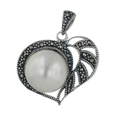 Marcasite Pendant 14mm Shell Pearl Open Heart with Marcasite