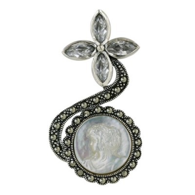 Marcasite White Cameo with Flower with Clear Cubic Zirconia