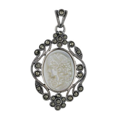 Marcasite Pendant with White Cameo with Mini Flower Desig
