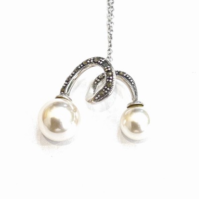 Marcasite Pendant Swirl Spring with 2 Faux Pearls 8mm+10mm