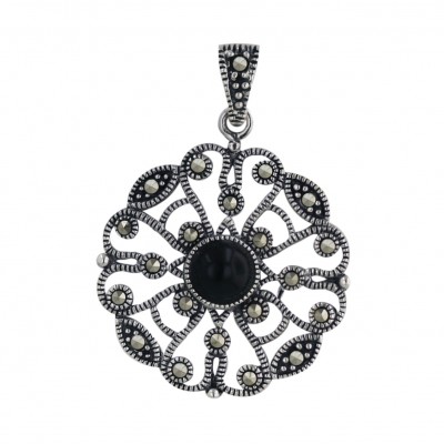 Marcasite Pendant 25-25mm Round Filigree with Onyx Center