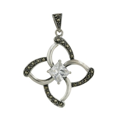 Marcasite Pendant Four Petal Flower with 8X8mm Champange Cubic Zirconia