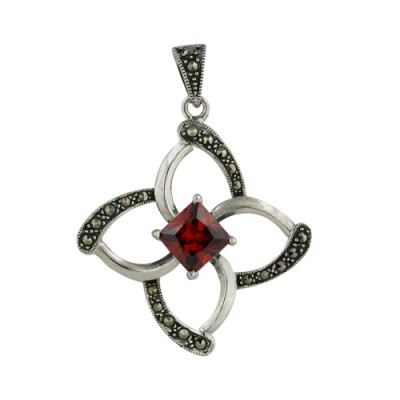 Marcasite Pendant Four Petal Flower with 8X8mm Garnet Cubic Zirconia Ce