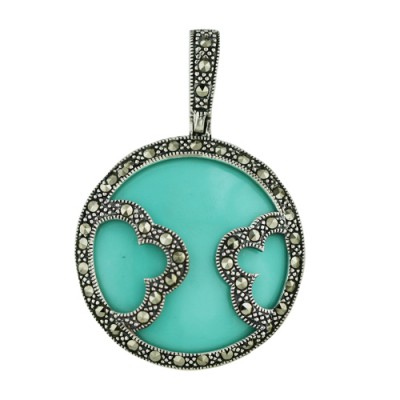 Marcasite Pendant 30mm Flat Round Turquoise Center with M