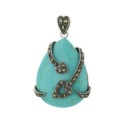 Marcasite Pendant 32mm Turquoise Teardrop Face Marcasite