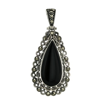 Marcasite Pendant 25mm Onyx Teardrop Center Small Leaves