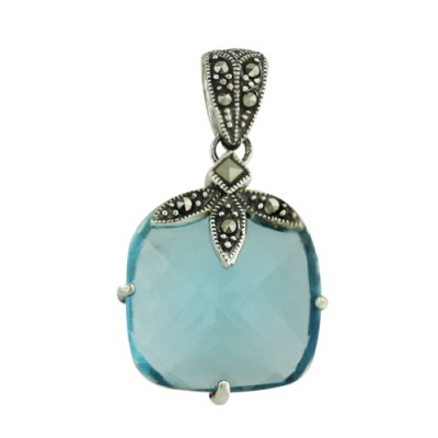 Marcasite Pendant 18mm Blue Square Cubic Zirconia Chess Cut with Squa
