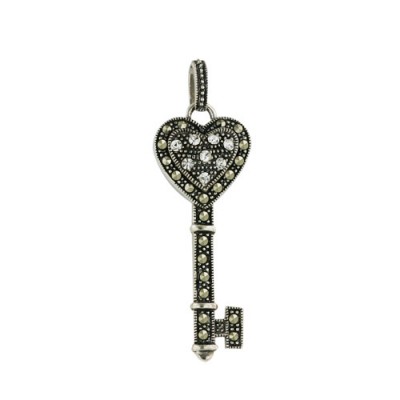 Marcasite Pendant Heart Key Multiple 2mm Clear Cubic Zirconia on Hear