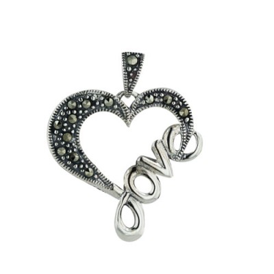 Marcasite Pendant Open Heart with Word "Love" on One Side