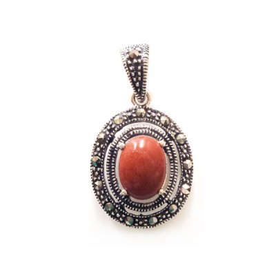 Marcasite Pendant Oval Red Jasper with Marcasite on Open Oval Around