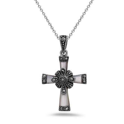 MARCASITE PENDANT MOTHER OF PEARL CROSS W/ MARCASITE PATTERN
