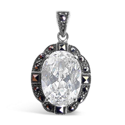 Marcasite Pendant Oval Clear Cubic Zirconia Wrap 4 Square Cut Marcas