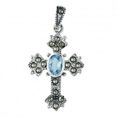 Marcasite Pendant Oval Blue Cubic Zirconia Cross