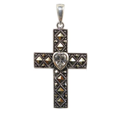 Marcasite Pendant Clear Cubic Zirconia Heart on Square Marcasite Cros